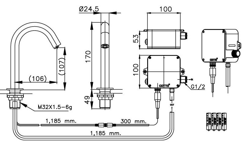 Bản vẽ kích thước vòi cảm ứng dùng Pin ct 4907dc Cotto