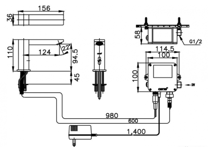 Bản vẽ kích thước vòi cảm ứng dùng điện CT 4917 DC Cotto