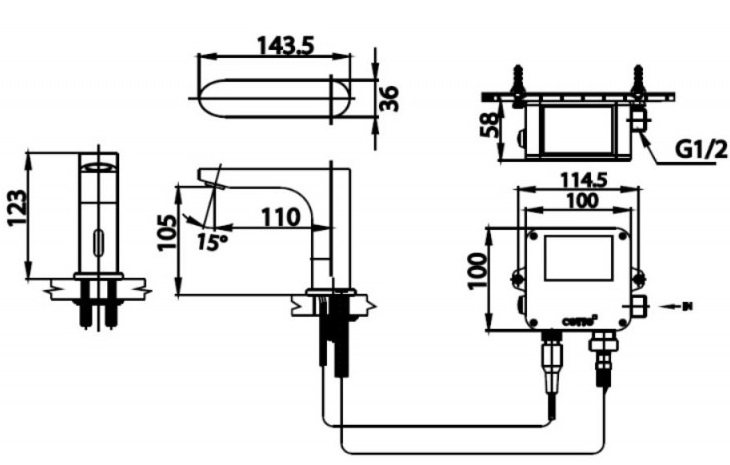 Bản vẽ kích thước vòi cảm ứng dùng điện CT 4918 AC Cotto