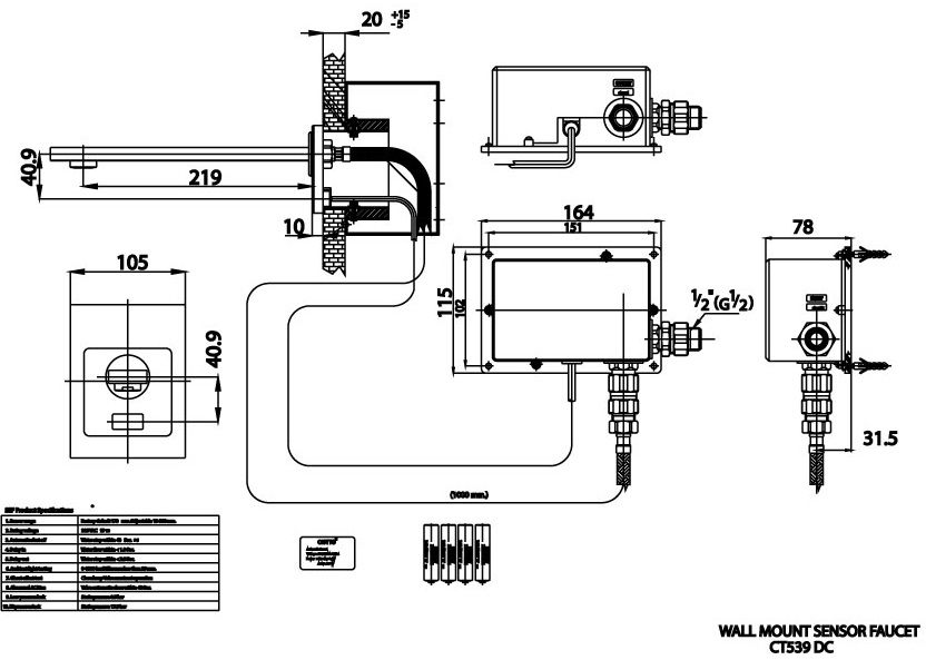 Bản vẽ kích thước vòi cảm ứng gắn tường  ct 539 dc ld Cotto