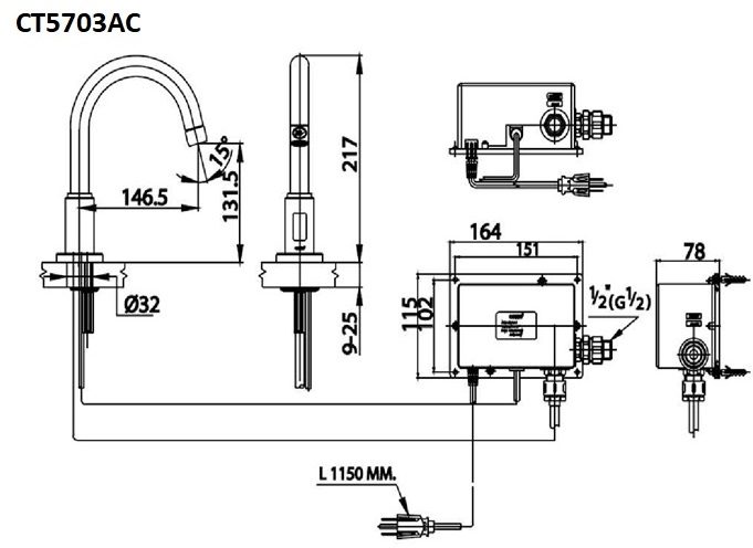 Bản vẽ kích thước vòi lavabo cảm ứng COTTO CT 5703 AC lạnh 220V