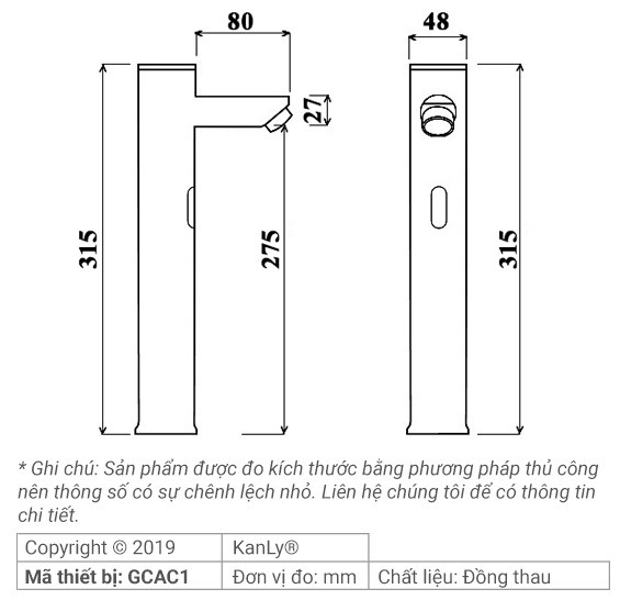 Bản vẽ kích thước vòi lavabo cảm ứng Kanly GCAC1