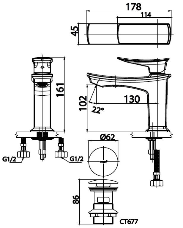Bản vẽ kích thước vòi chậu rửa mặt CT2251A Cotto