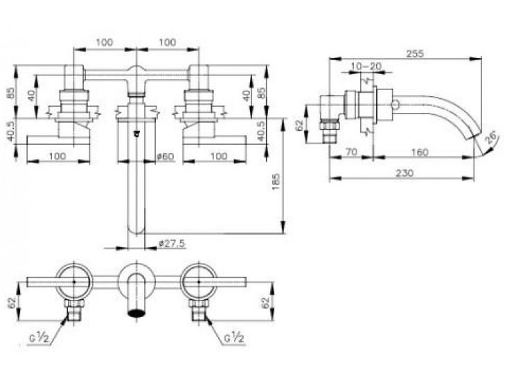 Bản vẽ kích thước vòi chậu nóng lạnh gắn tường cotto CPF 203A BN2 