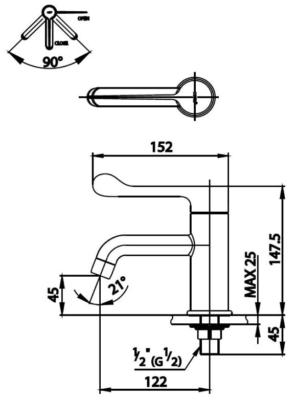 Bản vẽ kích thước vòi lạnh lavabo cotto ct 1058x hm