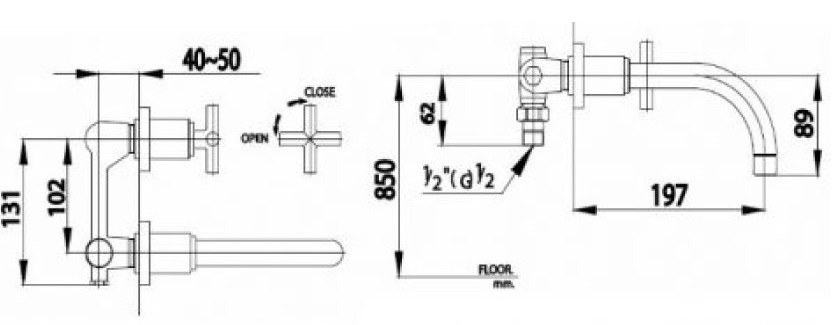Bản vẽ kích thước vòi chậu nước lạnh COTTO ct 105C16  gắn tường