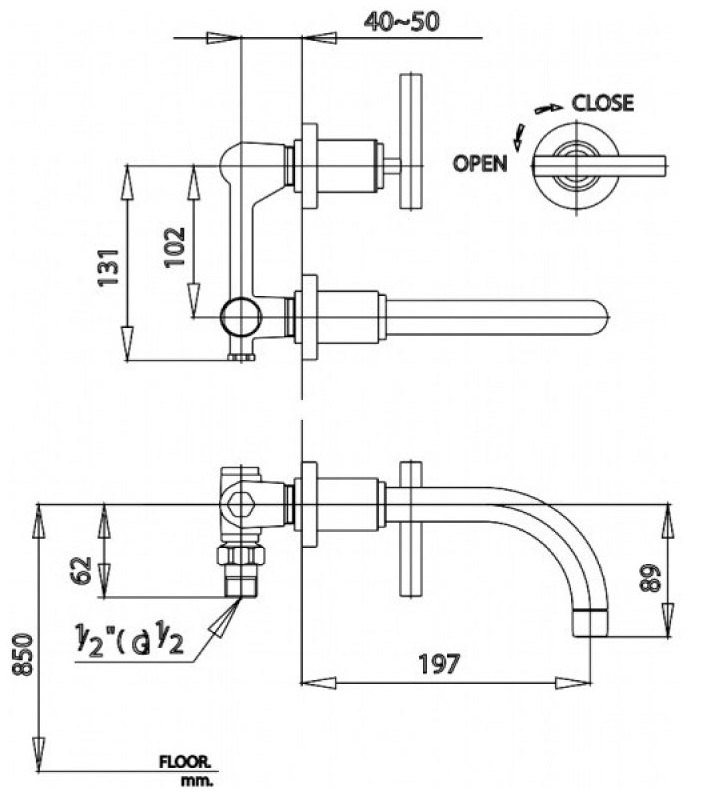 Bản vẽ kích thước vòi chậu rửa mặt COTTO CT 105C20  gắn tường
