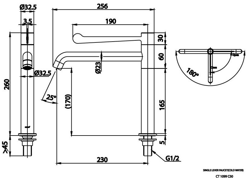 Bản vẽ kích thước vòi lavabo ct 1099 c50 Cotto