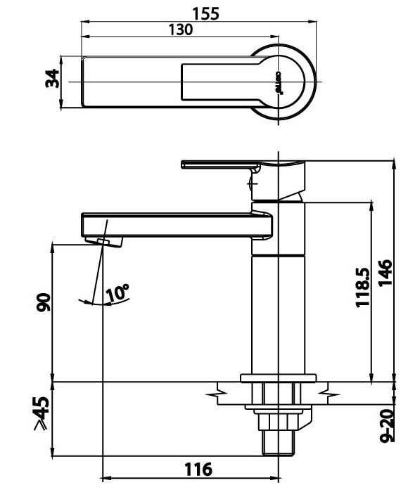 Bản vẽ kích thước vòi lavabo cotto lạnh CT 1113A2N HM