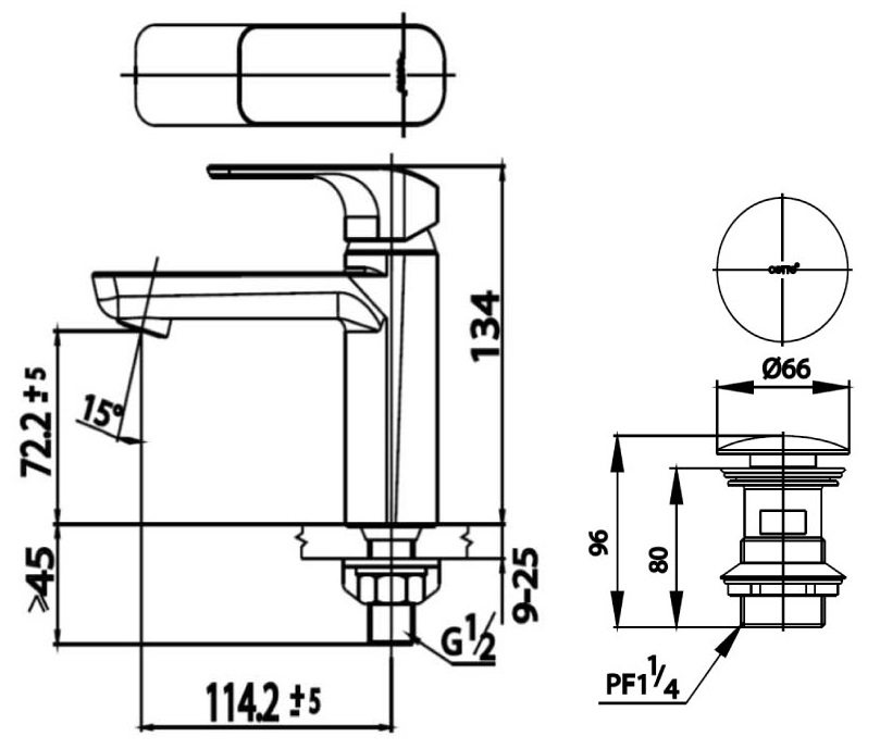 Bản vẽ kích thước vòi lavabo CT 1142 A GR Cotto
