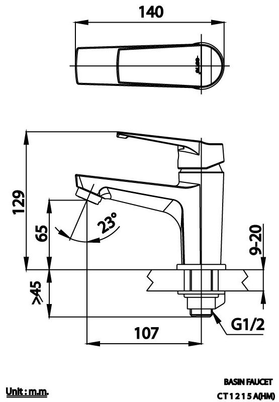 Bản vẽ kích thước vòi chậu rửa mặt  Cotto ct 1215a hm