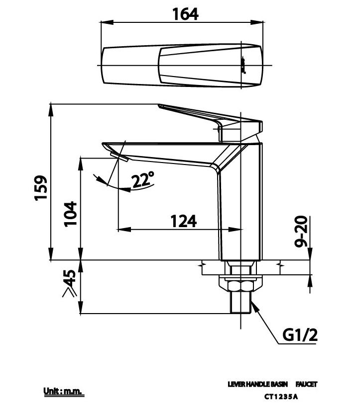 Bản vẽ kích thước vòi chậu rửa mặt CT 1235 A Cotto