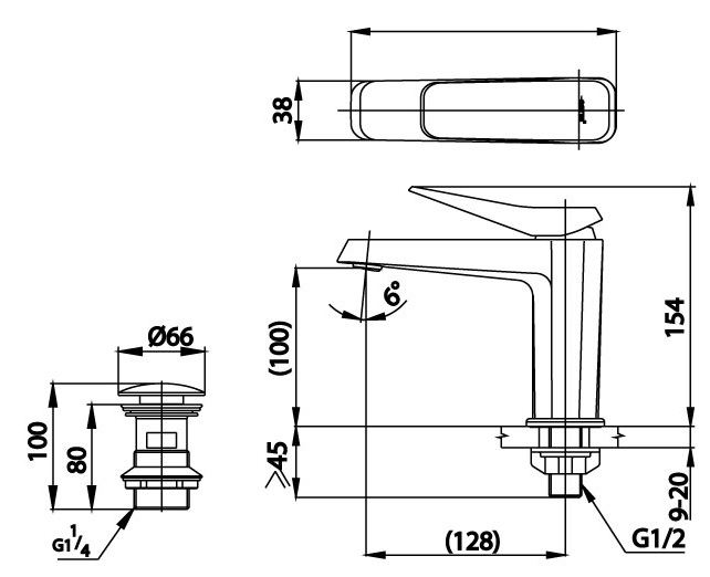 Bản vẽ kích thước vòi lavabo CT 1241A BL Cotto