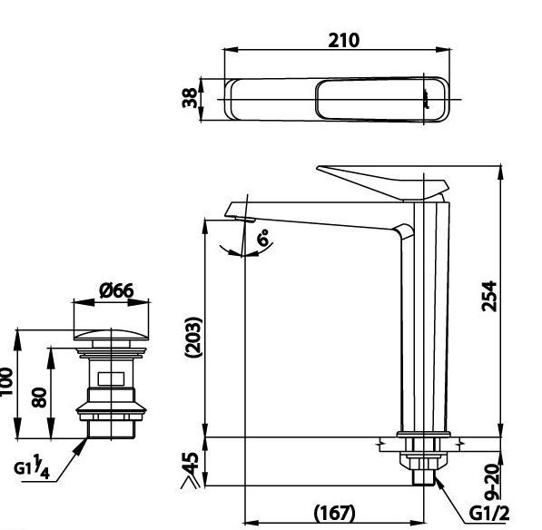 Bản vẽ kích thước vòi chậu rửa mặt màu đen Cotto ct 1242 aybl
