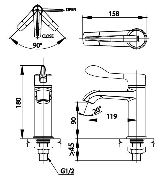 Bản vẽ kích thước vòi lạnh Cotto CT 1302