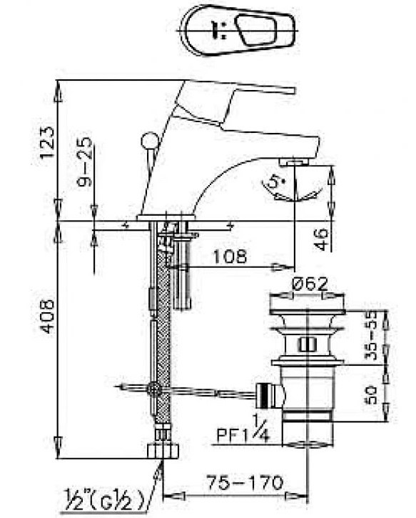 Bản vẽ kích thước vòi chậu nóng lạnh Cotto CT 2017 A