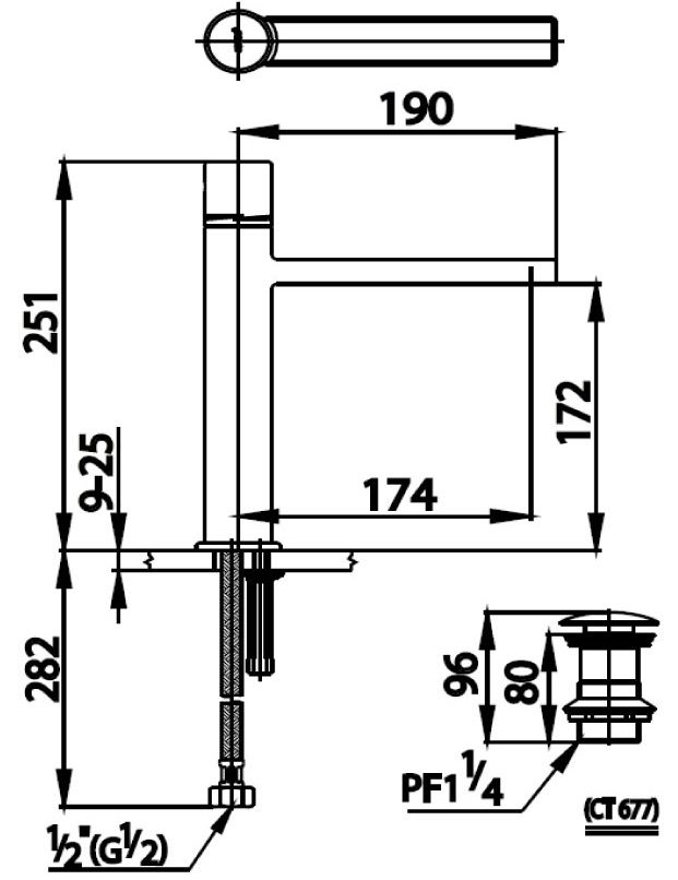 Bản vẽ kích thước vòi lavabo nóng lạnh Cotto ct 2065 