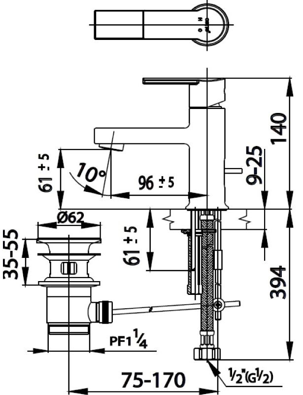 Bản vẽ kích thước vòi lavabo nóng lạnh ct 2094 a  cotto