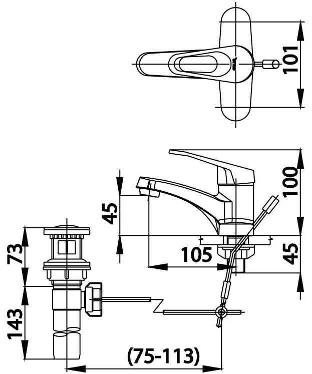 Bản vẽ kích thước vòi chậu nóng lạnh  COTTO ct 2173 a 3 lỗ