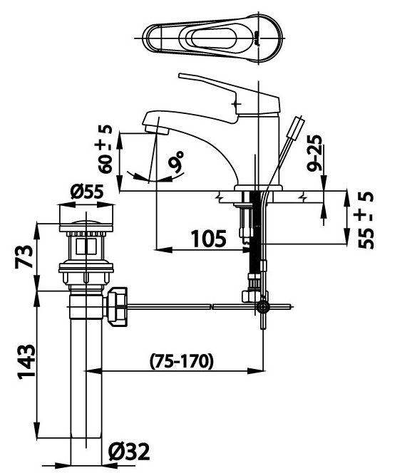 Bản vẽ kích thước vòi rửa mặt nóng lạnh cotto CT 2171 A