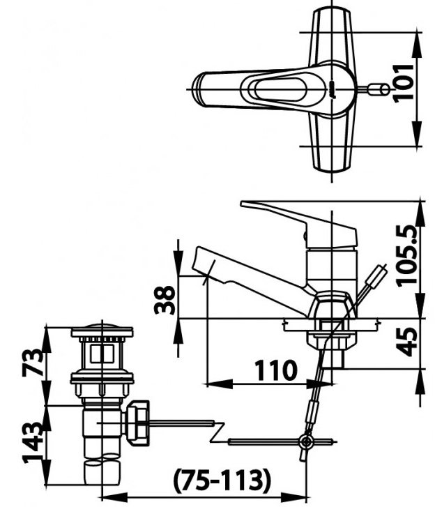 Bản vẽ kích thước vòi chậu rửa mặt CT 2177 AE cotto 