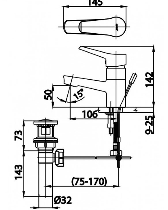Bản vẽ kích thước vòi chậu rửa mặt nóng lạnh cotto CT2178AE