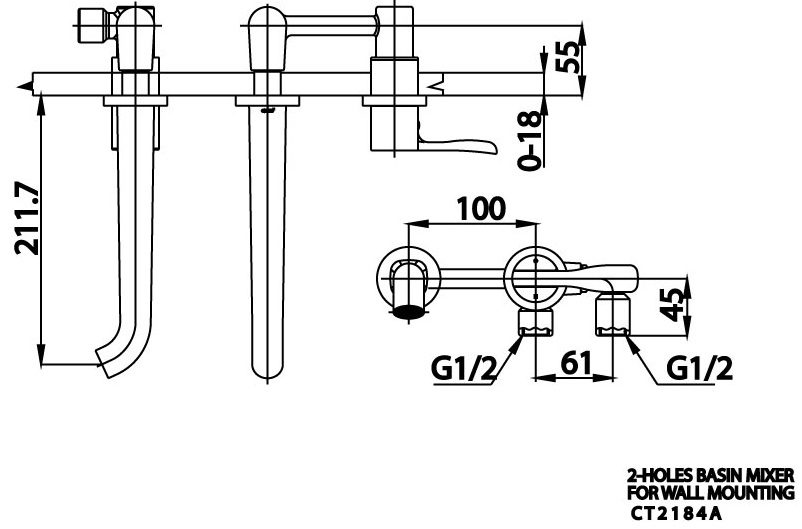 Bản vẽ kích thước vòi lavabo gắn tường Cotto ct 2184a