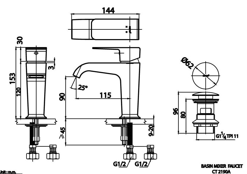 Bản vẽ kích thước vòi lavabo nóng lạnh ct 2190a grm COTTO