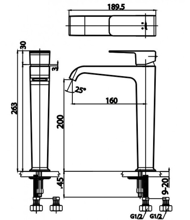 Bản vẽ kích thước vòi lavabo thân cao nóng lạnh CT 2191A 