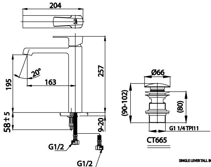 Bản vẽ kích thước vòi rửa mặt nóng lạnh Cotto ct 2202ay rg