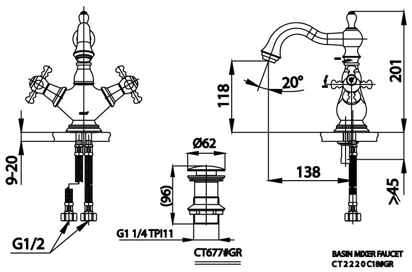 Bản vẽ kích thước voi chậu rửa mặt nóng lạnh Cotto ct  2220c18 gr