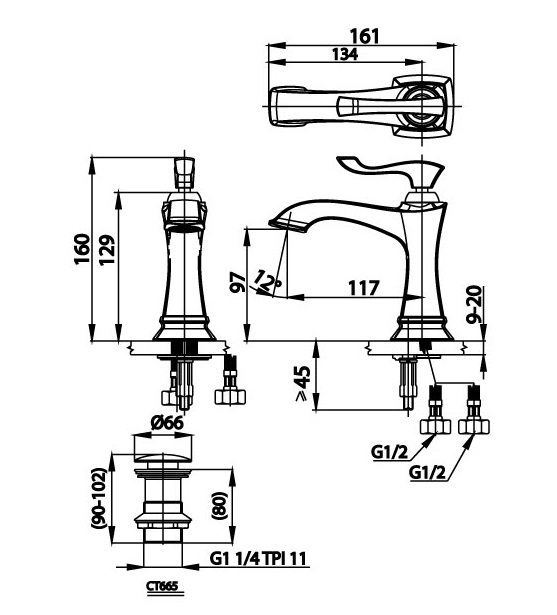 Bản vẽ kích thước vòi chậu rửa mặt Cotto CT 2230 A