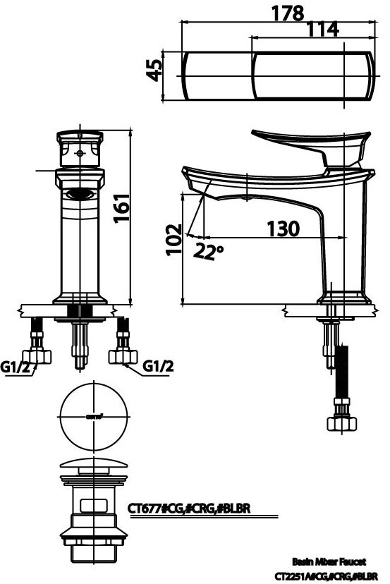 Bản vẽ kỹ thuật vòi chậu rửa mặt ct 2251a blbr Cotto
