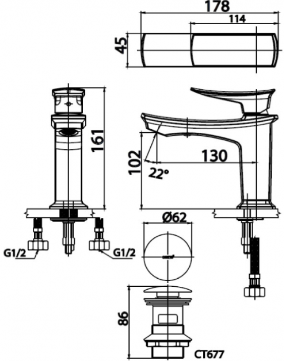 Bản vẽ kích thước vòi chậu rửa mặt ct 2251a cg Cotto