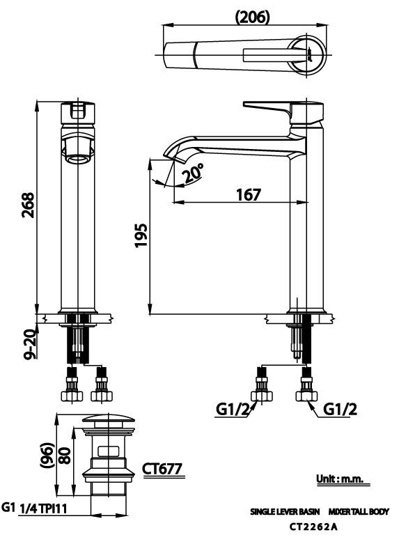 Bản vẽ kích thước vòi nóng lạnh Cotto CT 2262 AY