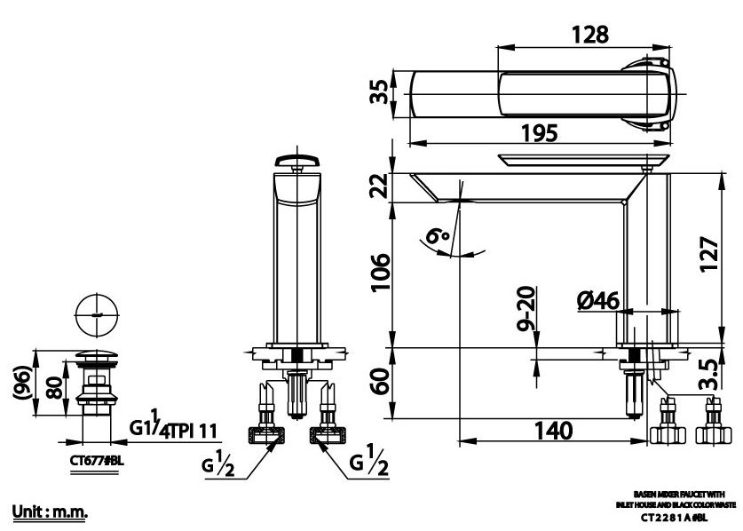 Bản vẽ kích thước vòi nóng lạnh Cotto ct 2281a bl