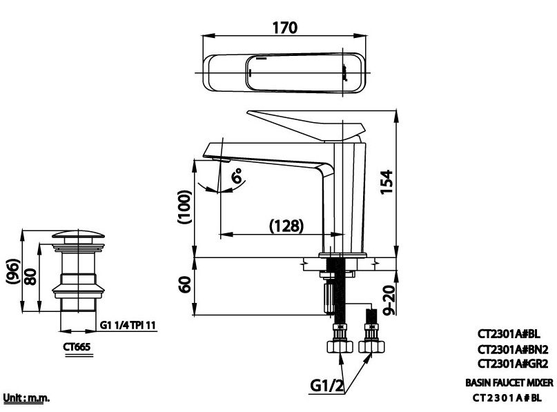 Bản vẽ kích thước vòi chậu lavabo Cotto CT 2301A BL