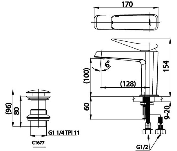Bản vẽ kích thước vòi lavabo rửa mặt Cotto CT 2301 A 