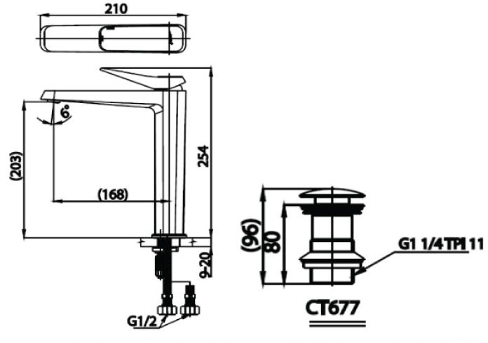 Bản vẽ kích thước vòi chậu rửa tay màu đen Cotto ct 2302ay bn2