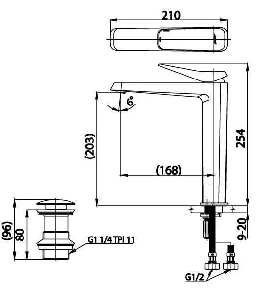 Bản vẽ kích thước vòi chậu màu đen Cotto ct 2302ay gr2