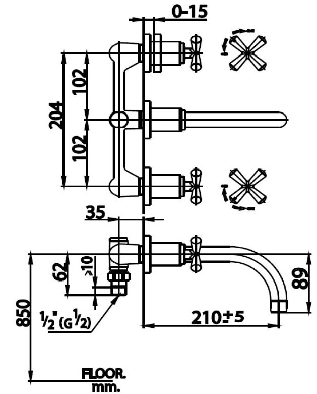 Bản vẽ kích thước vòi chậu rửa mật COTTO ct 237 c34 wd gắn tường
