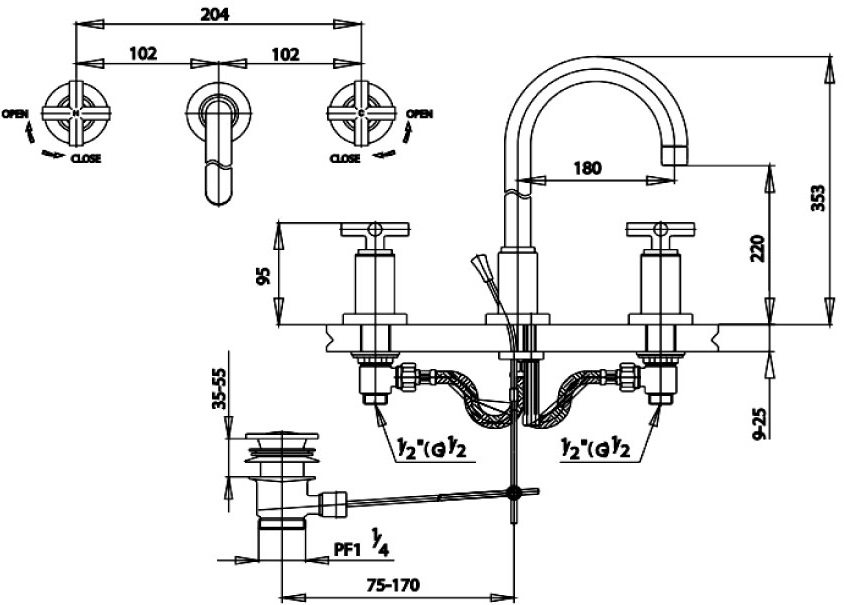 Bản vẽ kích thước vòi lavabo rửa mặt nóng lạnh  COTTO ct 238 yc 16 