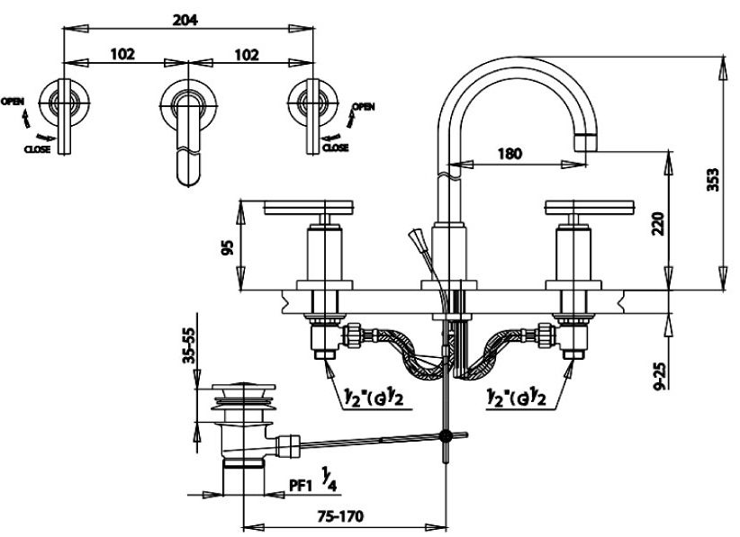 Bản vẽ kích thước vòi chậu nóng lạnh  COTTO ct 238 y c20  3 lỗ