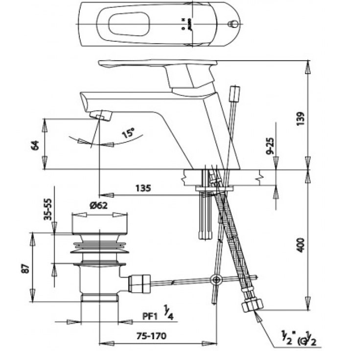 Bản vẽ kích thước vòi nóng lạnh cotto CT 260N
