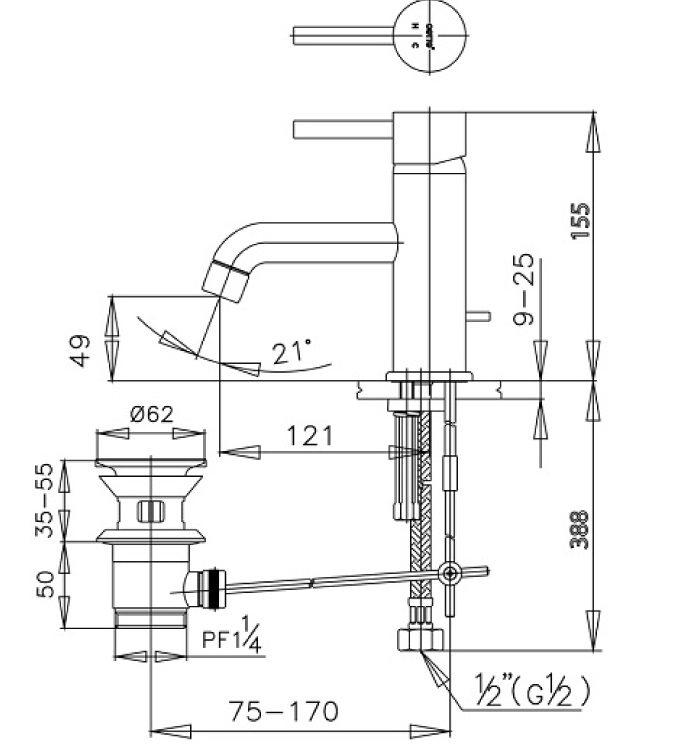 Bản vẽ kích thước vòi lavabo nóng lạnh CT542A cotto 
