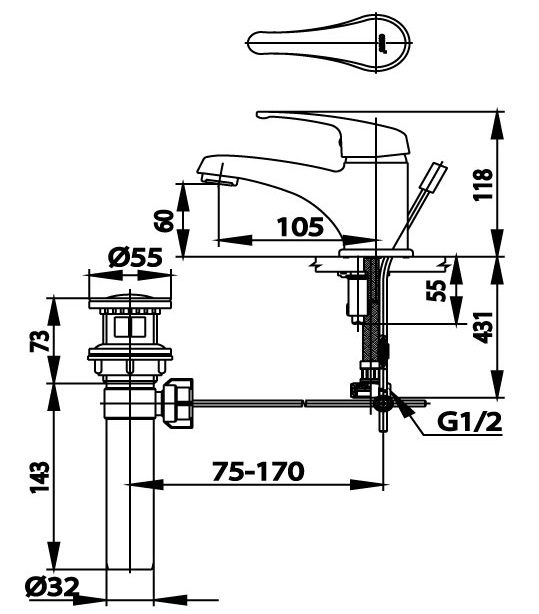 Bản vẽ kích thước vòi chậu cotto nóng lạnh CT561E