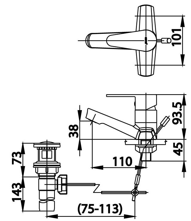 Bản vẽ kích thước vòi chậu nóng lạnh 3 lỗ cotto CT 2175 AE