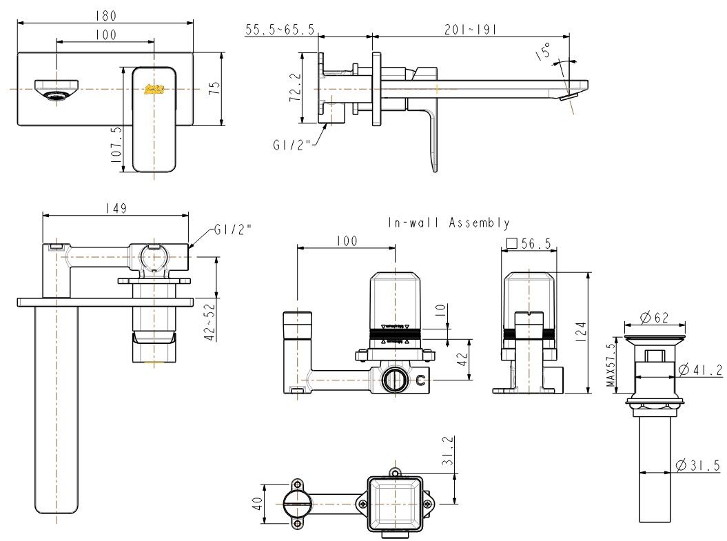 Bản vẽ kích thước vòi lavabo 3 lỗ WF1304WS nóng lạnh màu vàng hồng