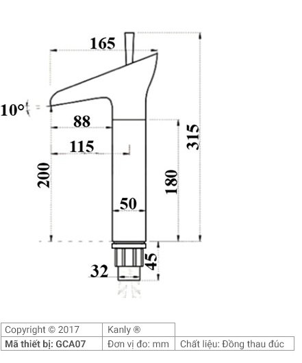Bản vẽ kích thước vòi lavabo Kanly GCA07