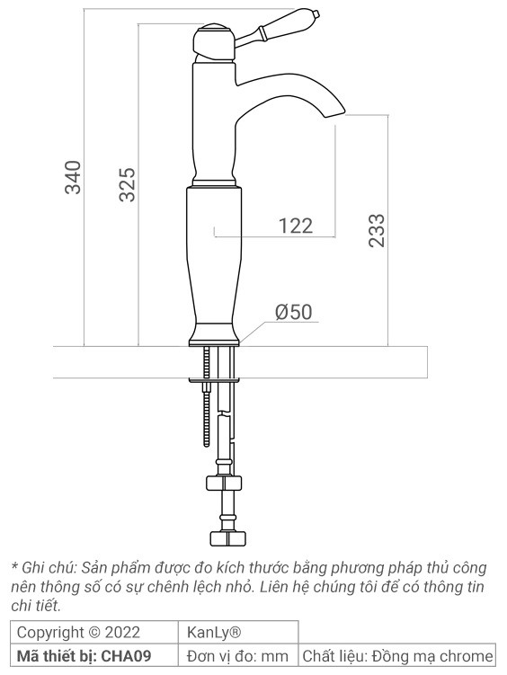 Bản vẽ vòi lavabo Kanly CHA09 bằng đồng mạ chrome